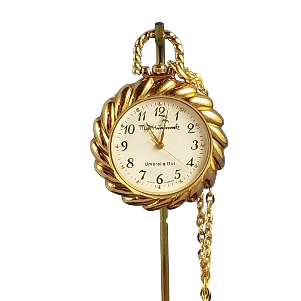 Vintage M.I.‎ Hummel Umbrella Girl Pocket Watch Necklace Gold Tone HU9003 Japan